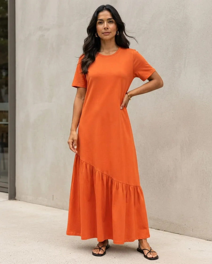 Vestido Longo Feminino Babado Assimétrico Malha Algodão Laranja