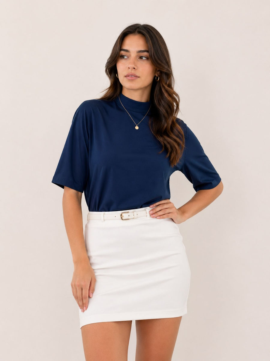 Camiseta Feminina T-shirt Aveloz Gola Alta E Manga 3/4 Azul-marinho