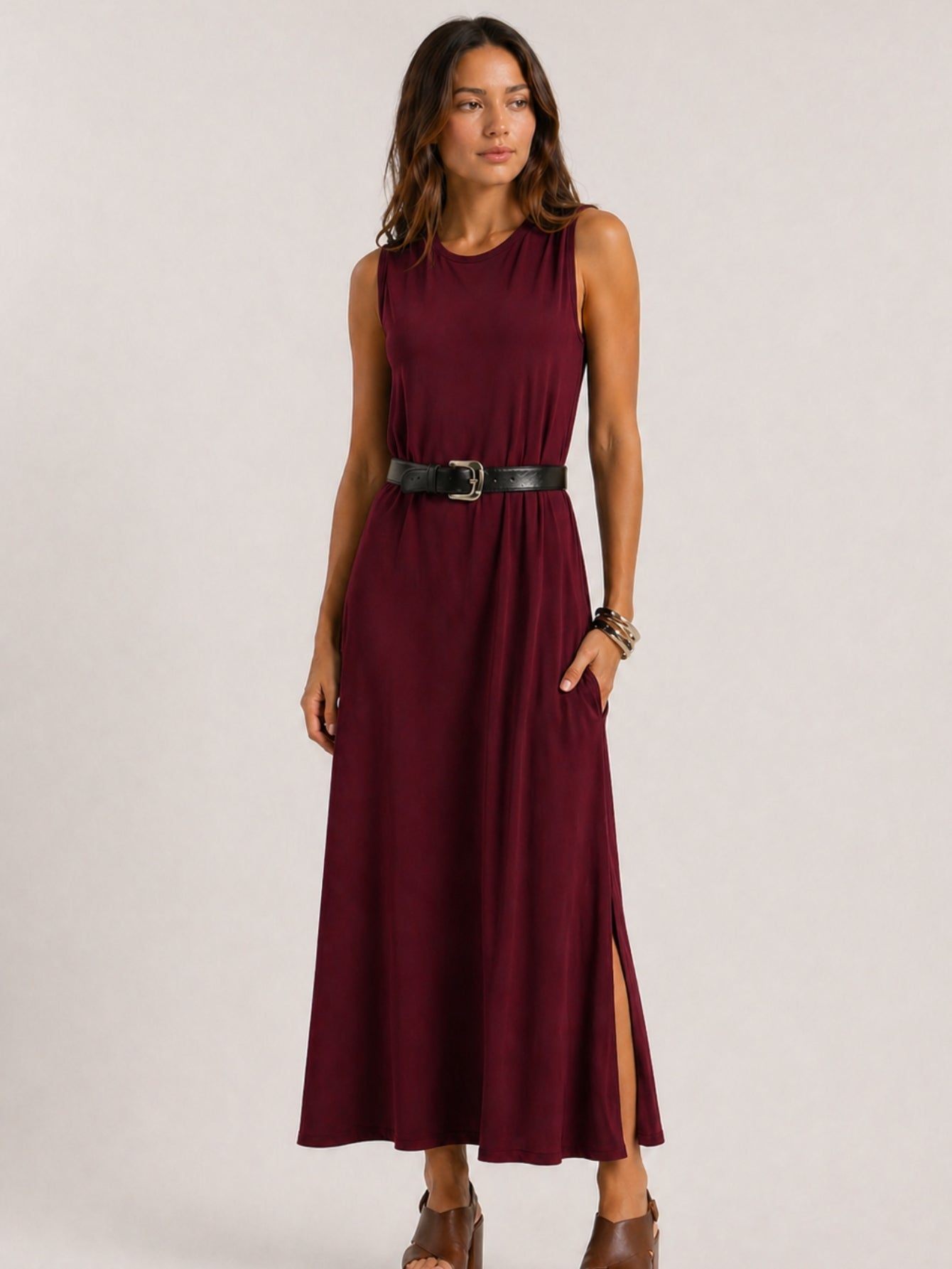 Vestido Longo Aveloz Viscolycra Soltinho com Bolso Vinho