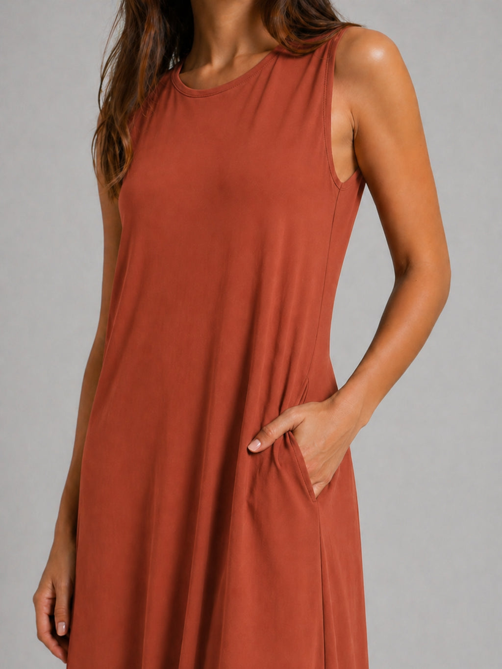 Vestido Longo Aveloz Viscolycra Soltinho com Bolso Ferrugem