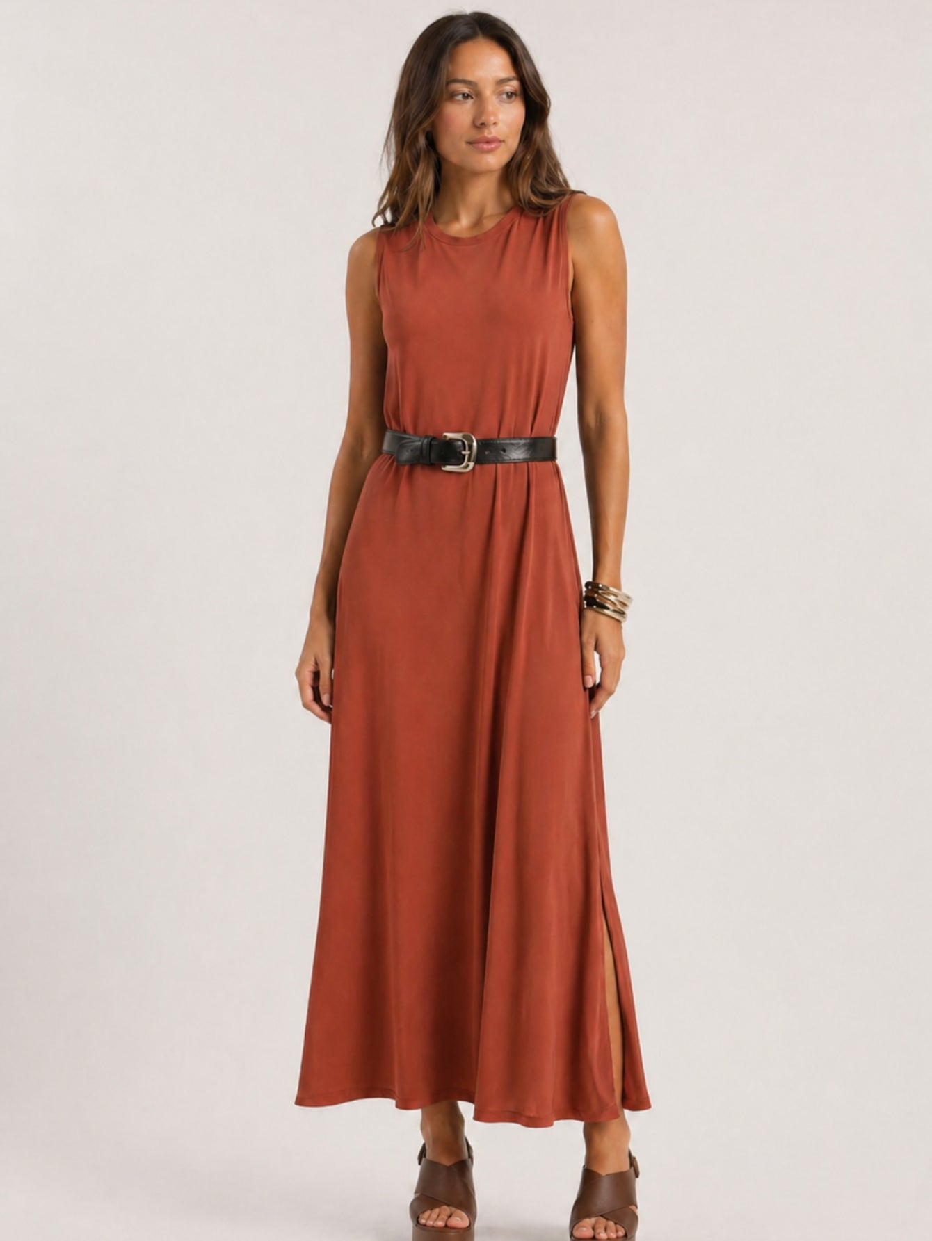 Vestido Longo Aveloz Viscolycra Soltinho com Bolso Ferrugem