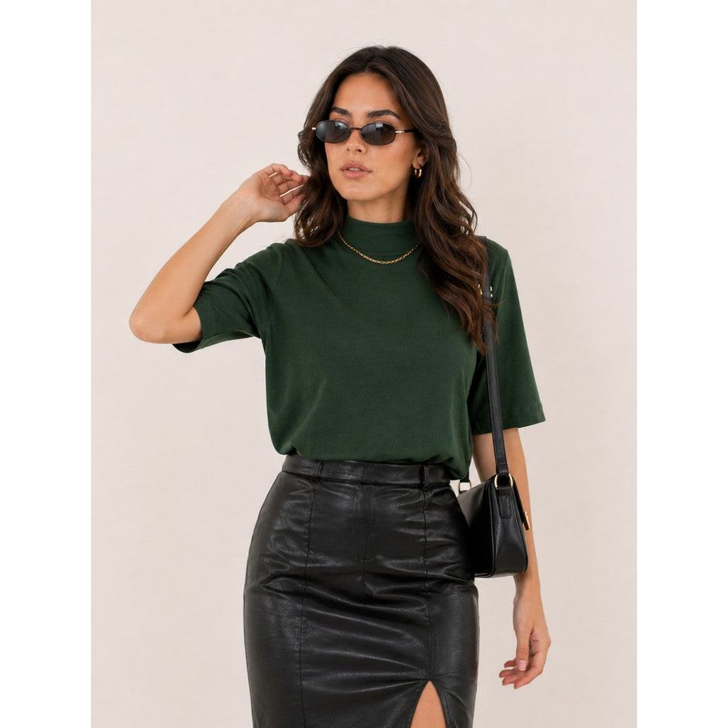 Camiseta Feminina T-shirt Aveloz Gola Alta E Manga 3/4 Verde Escuro