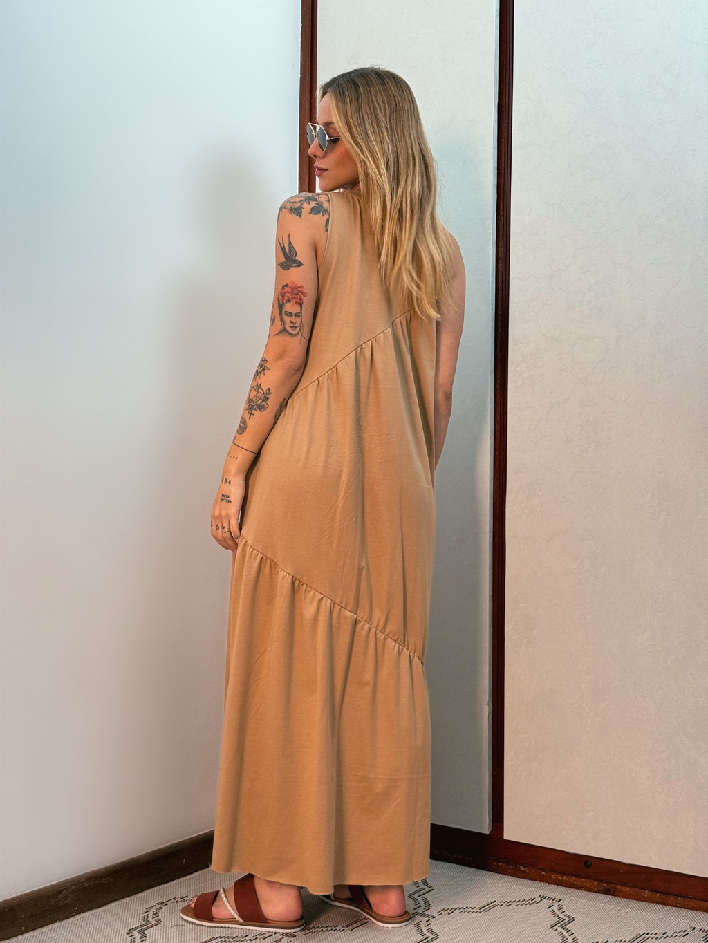 Vestido Longo Feminino Soltinho malha algodão Aveloz Caramelo