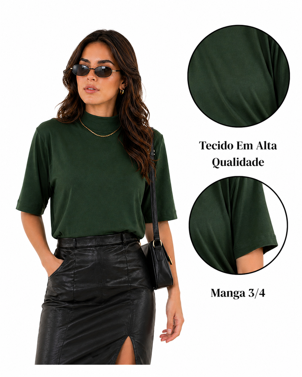 Camiseta Feminina T-shirt Aveloz Gola Alta E Manga 3/4 Verde Escuro