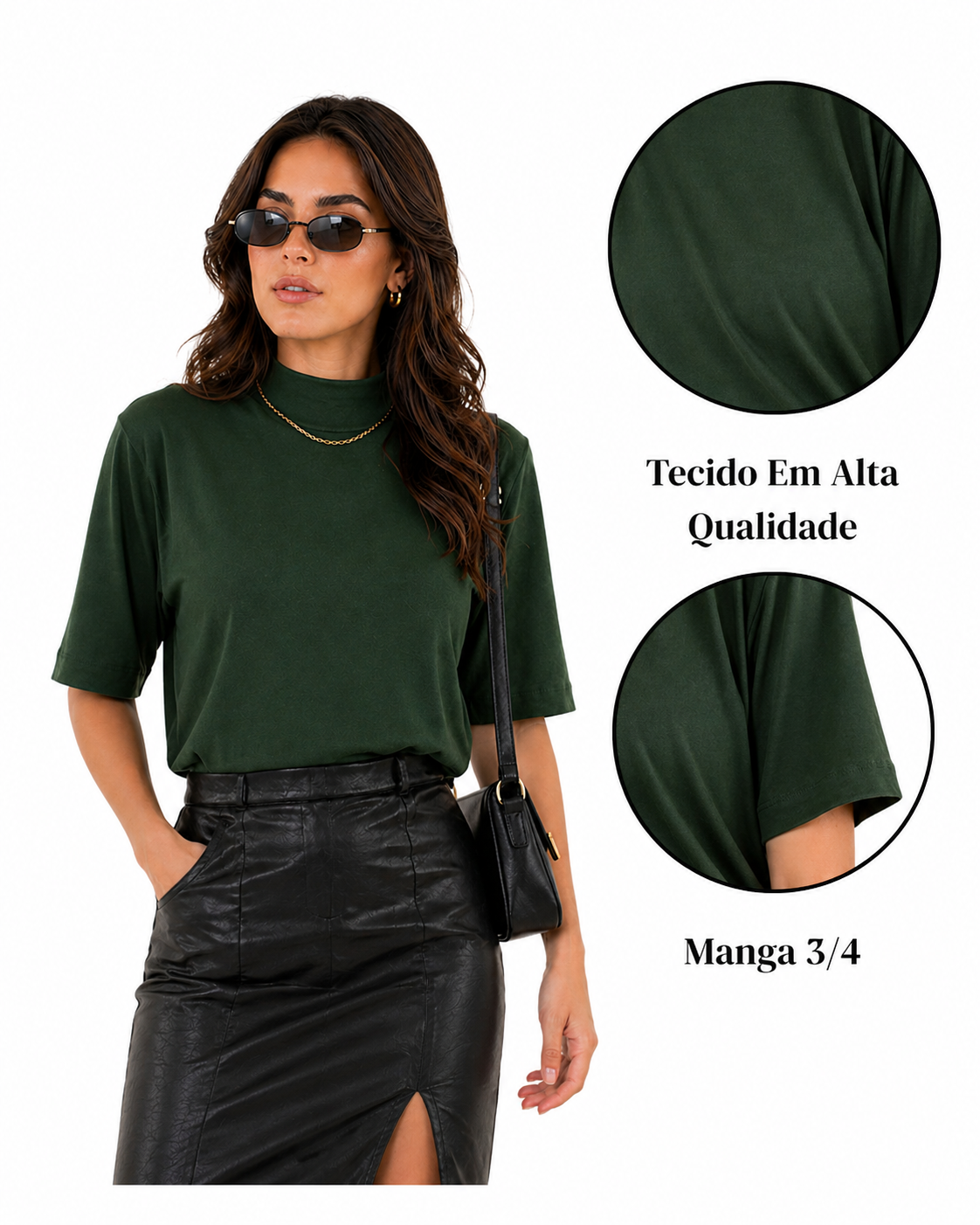 Camiseta Feminina T-shirt Aveloz Gola Alta E Manga 3/4 Verde Escuro