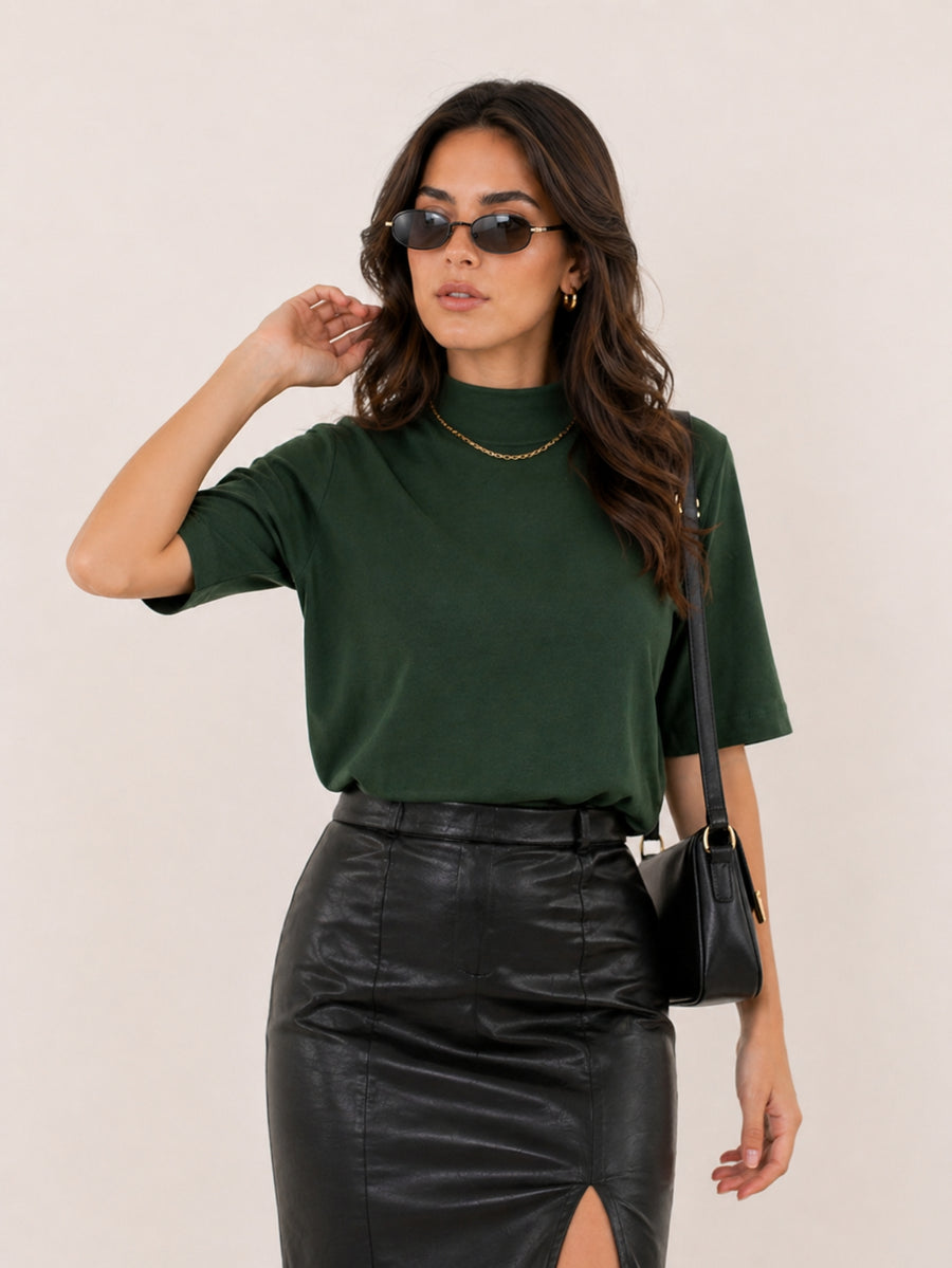 Camiseta Feminina T-shirt Aveloz Gola Alta E Manga 3/4 Verde Escuro
