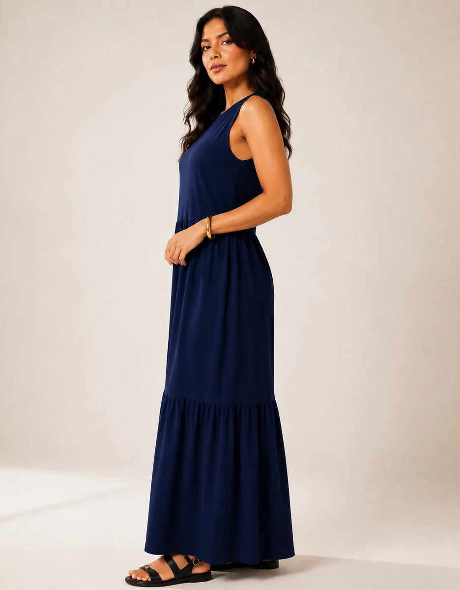 Vestido Longo Feminino Regata Três Marias Algodão Soltinho Azul-marinho