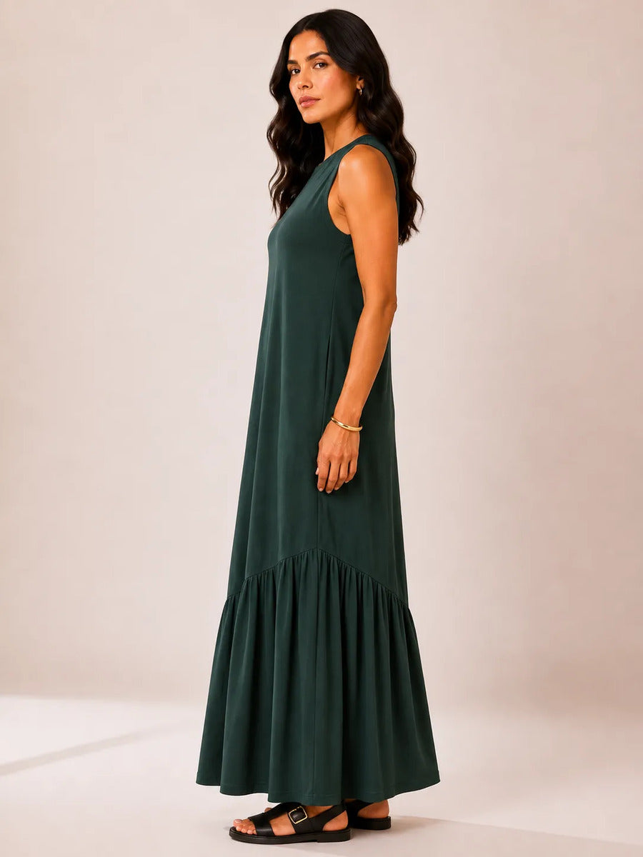 Vestido Longo Feminino Regata Babado Assimétrico Algodão Verde-escuro