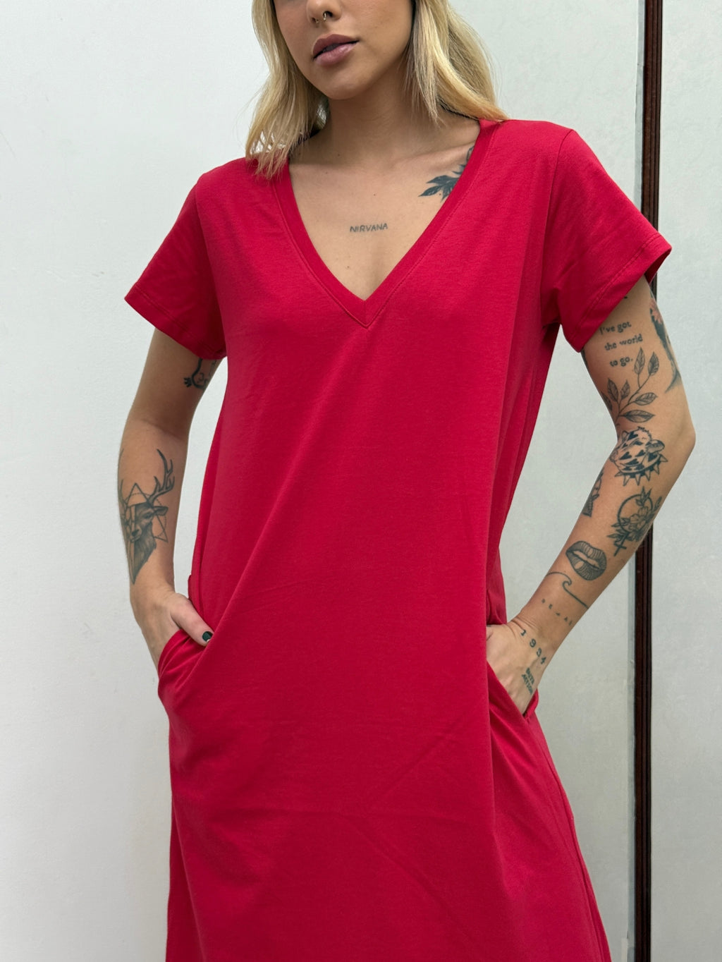 Vestido Longo de Algodão com Bolso Decote V Vermelho