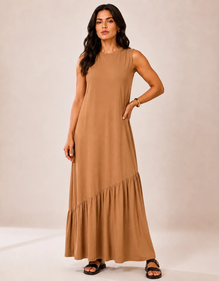 Vestido Longo Feminino Regata Babado Assimétrico Algodão Caramelo