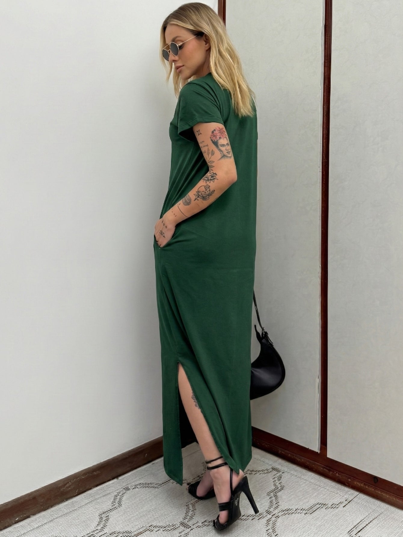 Vestido Longo de Algodão com Bolso Decote V Verde Escuro