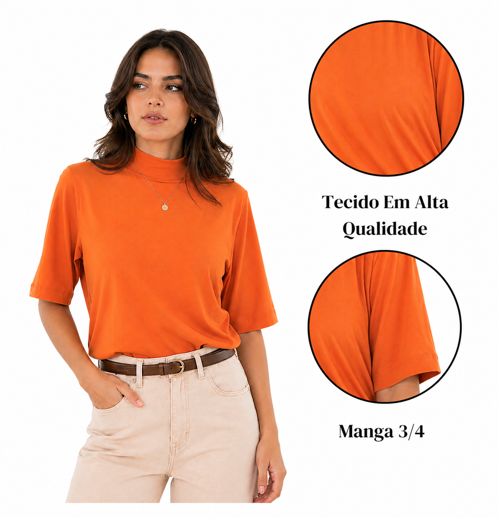 Camiseta Feminina T-shirt Aveloz Gola Alta E Manga 3/4 Laranja