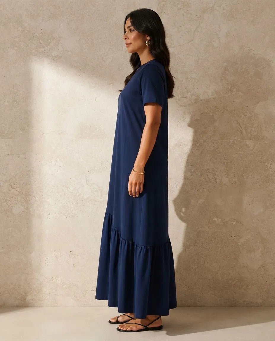 Vestido Longo Feminino Babado Assimétrico Malha Algodão Azul-marinho