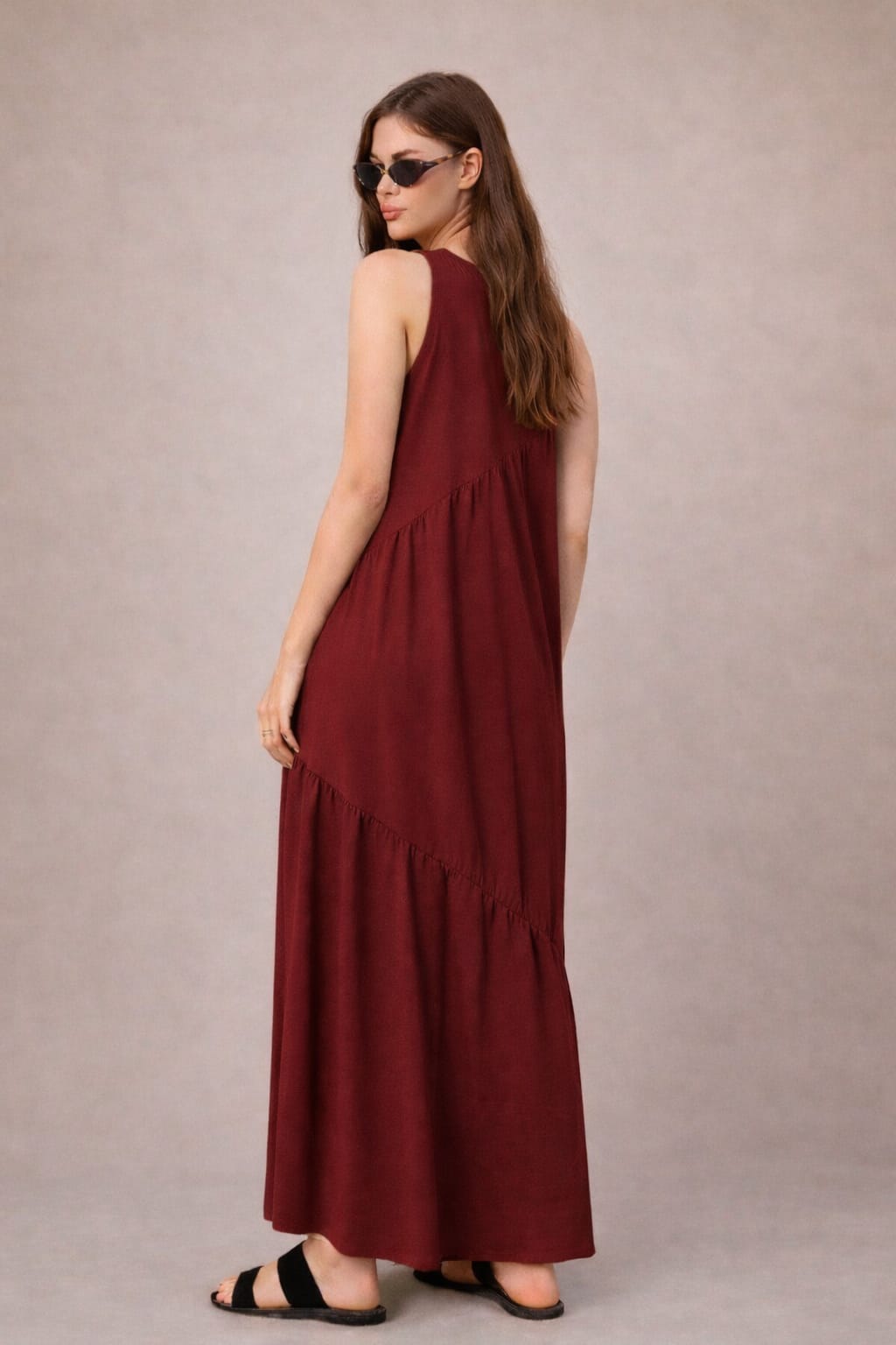 Vestido Longo Feminino Soltinho malha algodão Aveloz Bordô