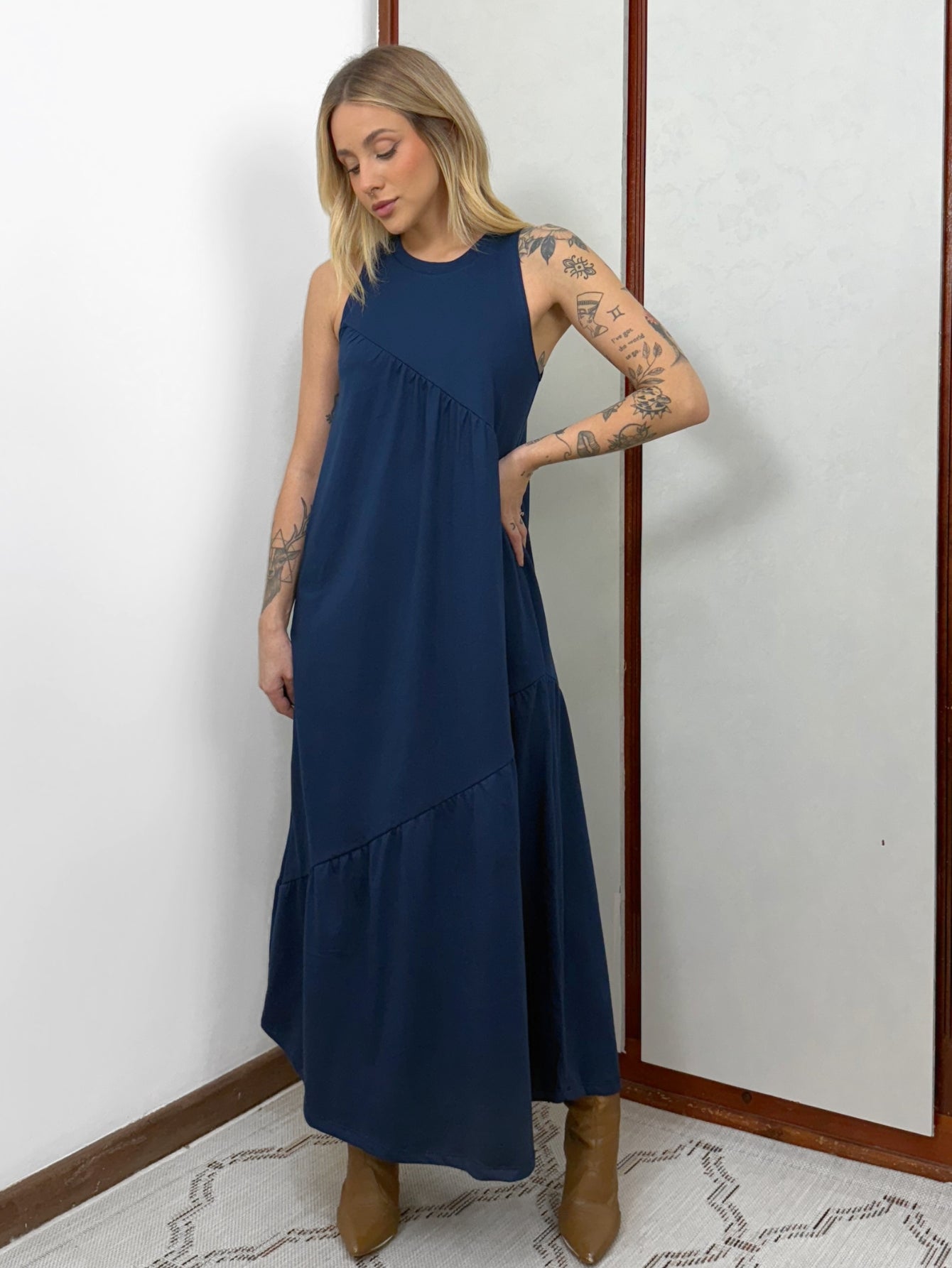 Vestido Longo Feminino Soltinho Malha Algodão Aveloz Azul Marinho