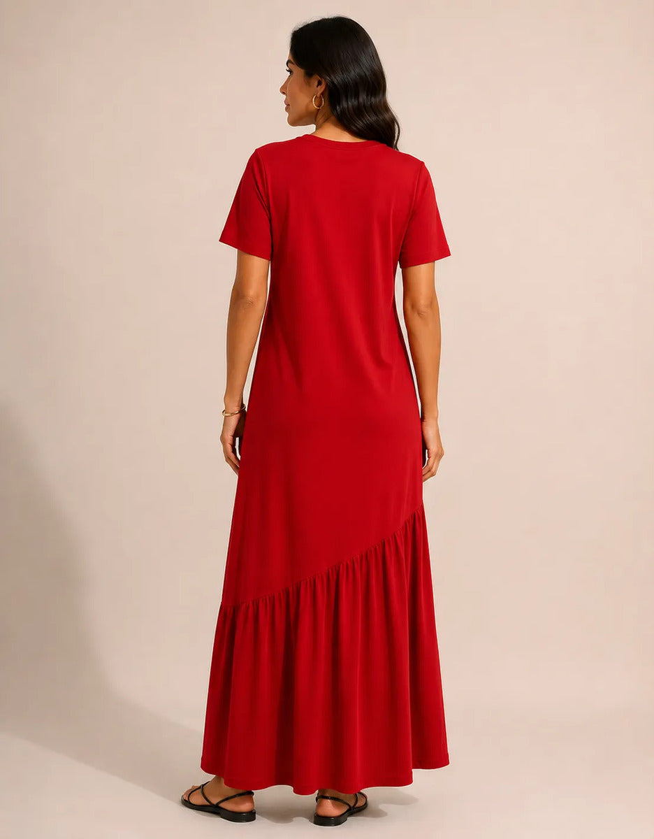 Vestido Longo Feminino Babado Assimétrico Malha Algodão Vermelho