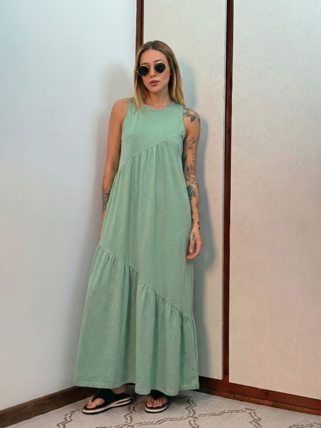Vestido Longo Feminino Soltinho malha algodão Aveloz Verde Salvia