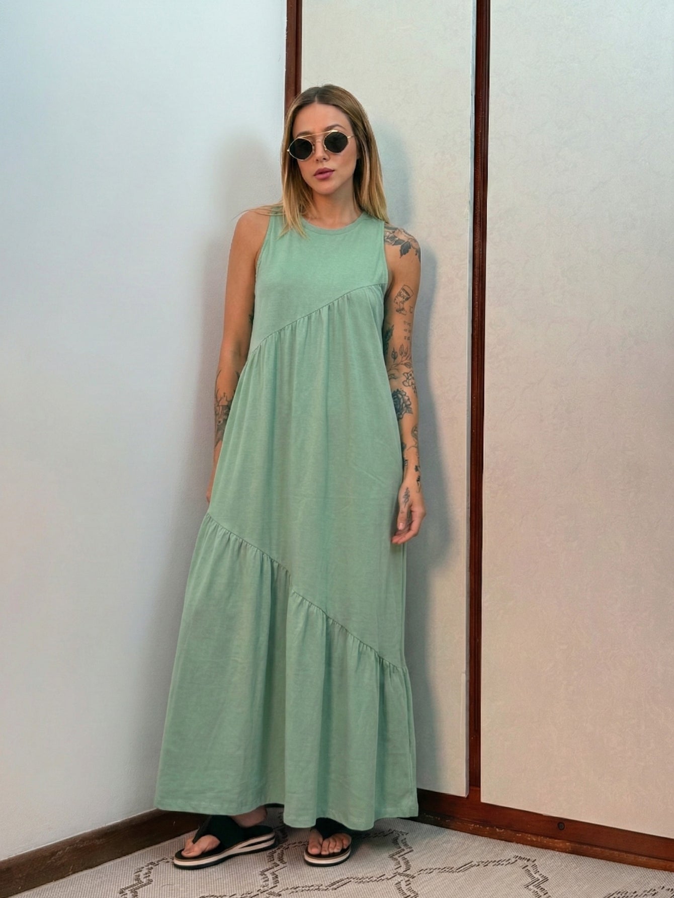 Vestido Longo Feminino Soltinho malha algodão Aveloz Verde Salvia