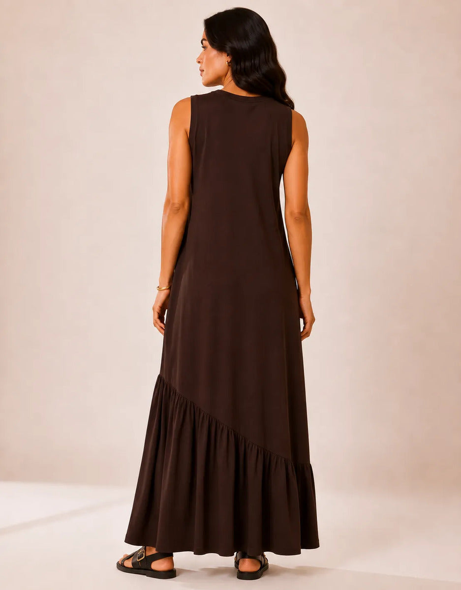 Vestido Longo Feminino Regata Babado Assimétrico Algodão Marrom-escuro