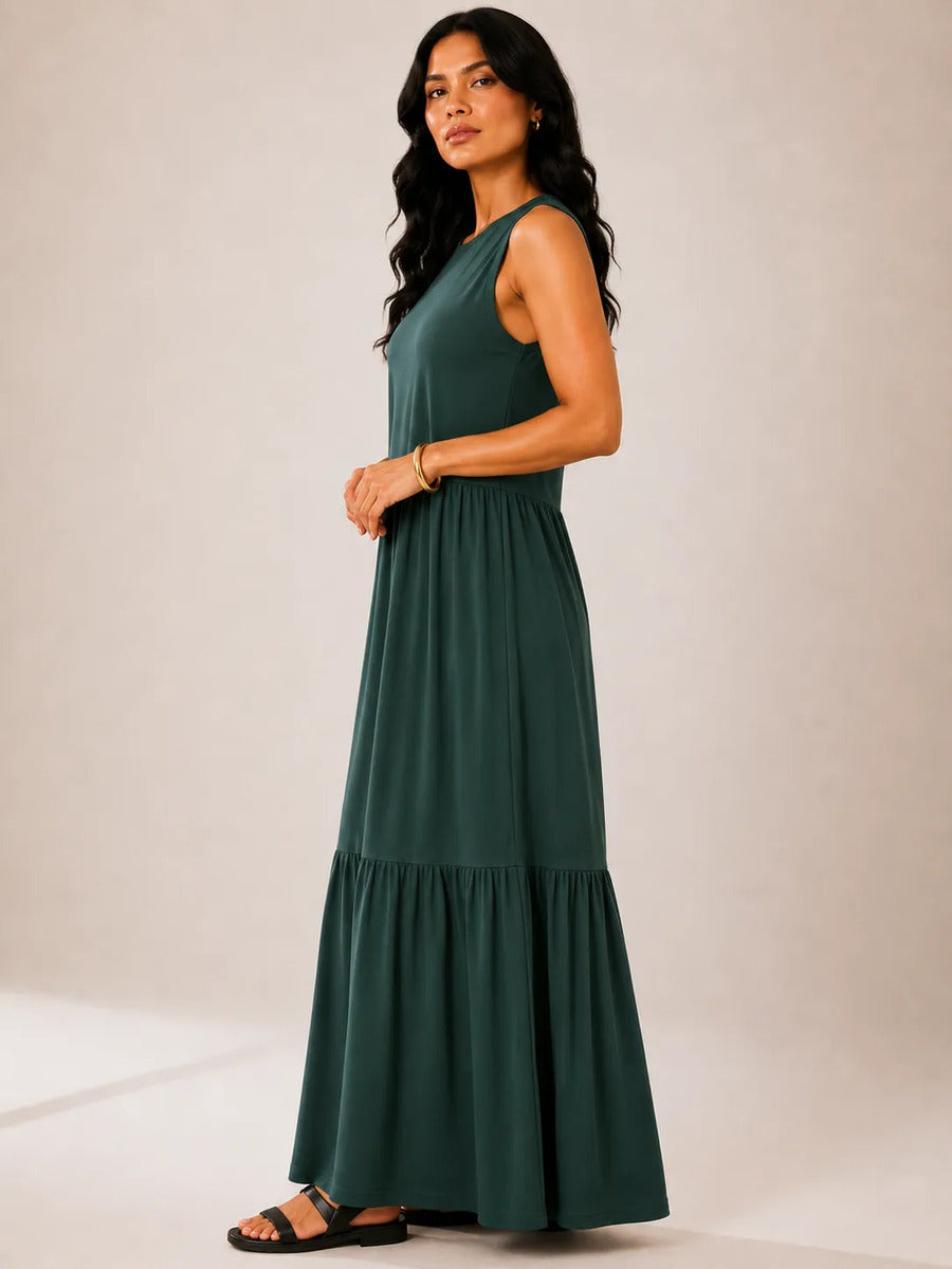 Vestido Longo Feminino Regata Três Marias Algodão Soltinho Verde-escuro