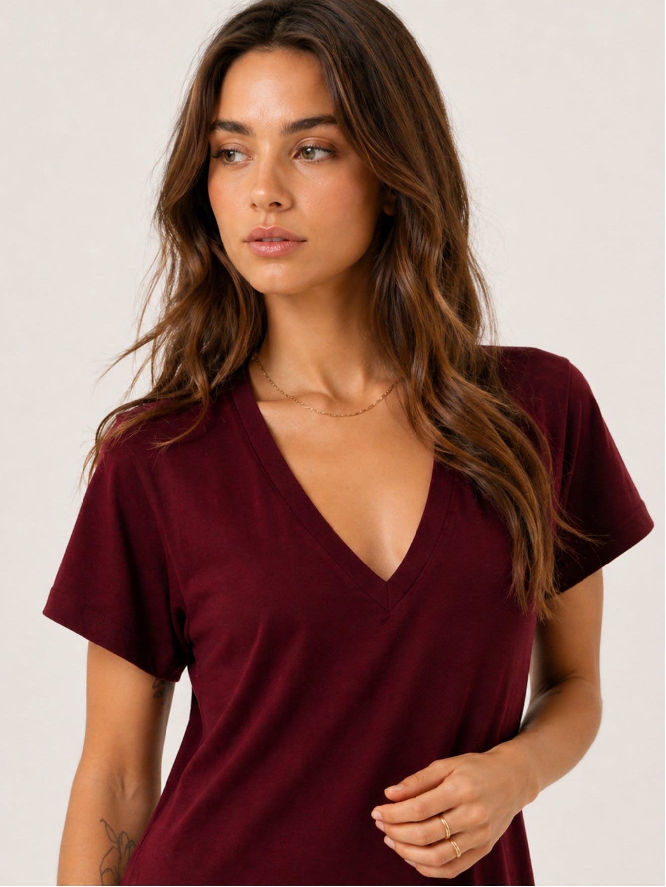 Vestido Longo de Algodão com Bolso Decote V Bordô