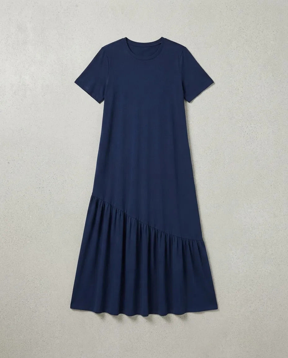 Vestido Longo Feminino Babado Assimétrico Malha Algodão Azul-marinho