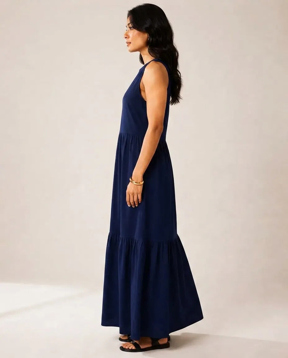 Vestido Longo Feminino Regata Três Marias Algodão Soltinho Azul-marinho