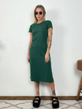 Vestido Midi Camiseta Com Fenda Aveloz Verde Escuro