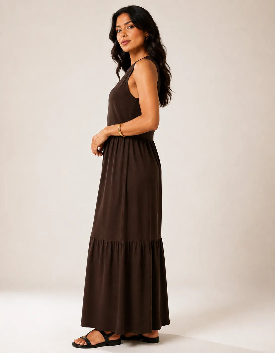 Vestido Longo Feminino Regata Três Marias Algodão Soltinho Marrom-escuro