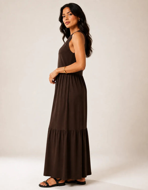 Vestido Longo Feminino Regata Três Marias Algodão Soltinho Marrom-escuro