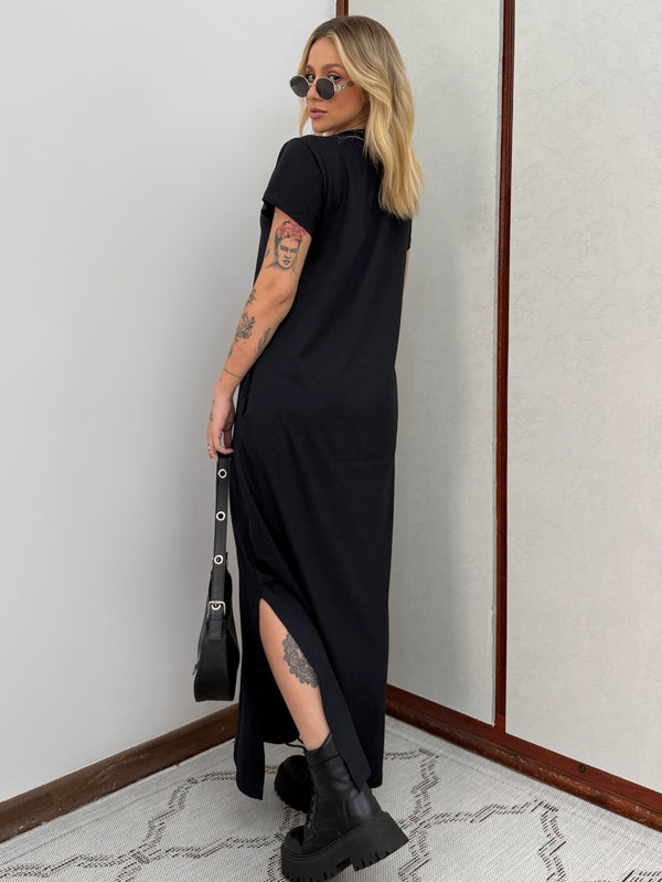 Vestido Longo de Algodão com Bolso Decote V Preto