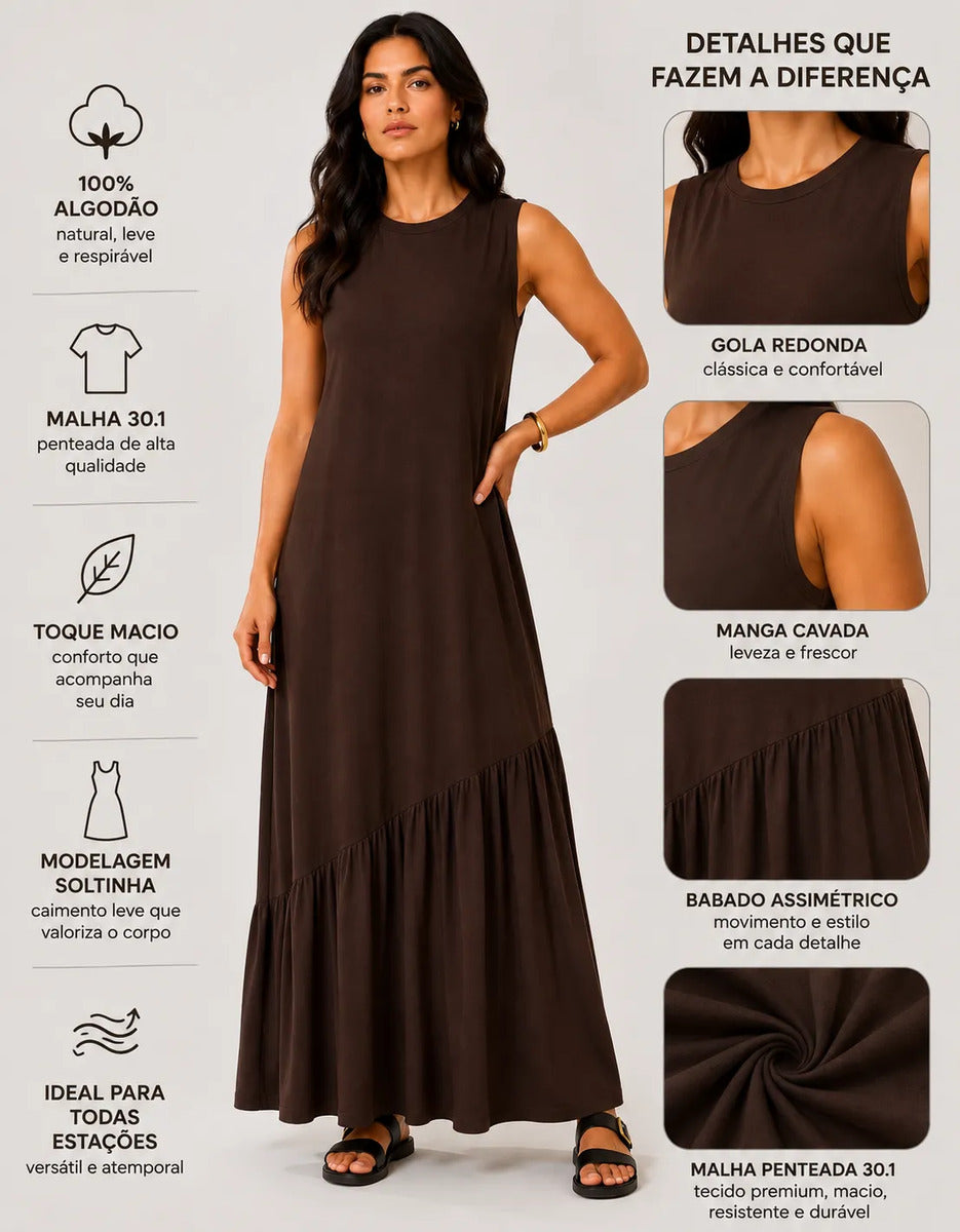 Vestido Longo Feminino Regata Babado Assimétrico Algodão Marrom-escuro
