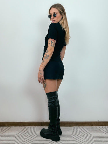 Blusa Gola Alta Manga Curta Em Viscolycra-preta Preto