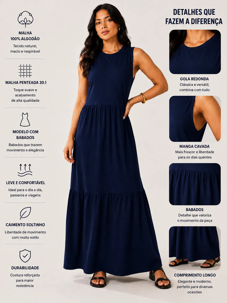 Vestido Longo Feminino Regata Três Marias Algodão Soltinho Azul-marinho