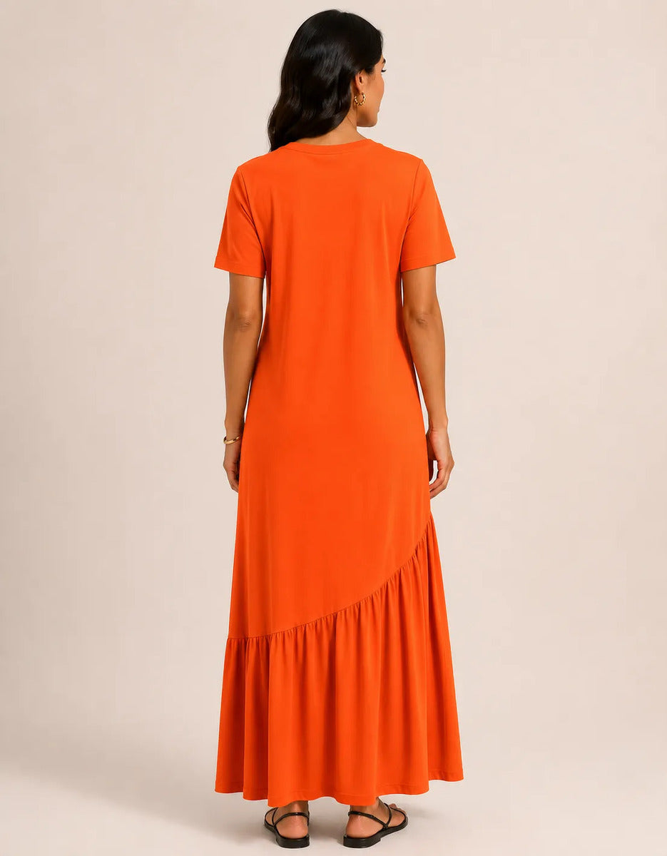 Vestido Longo Feminino Babado Assimétrico Malha Algodão Laranja