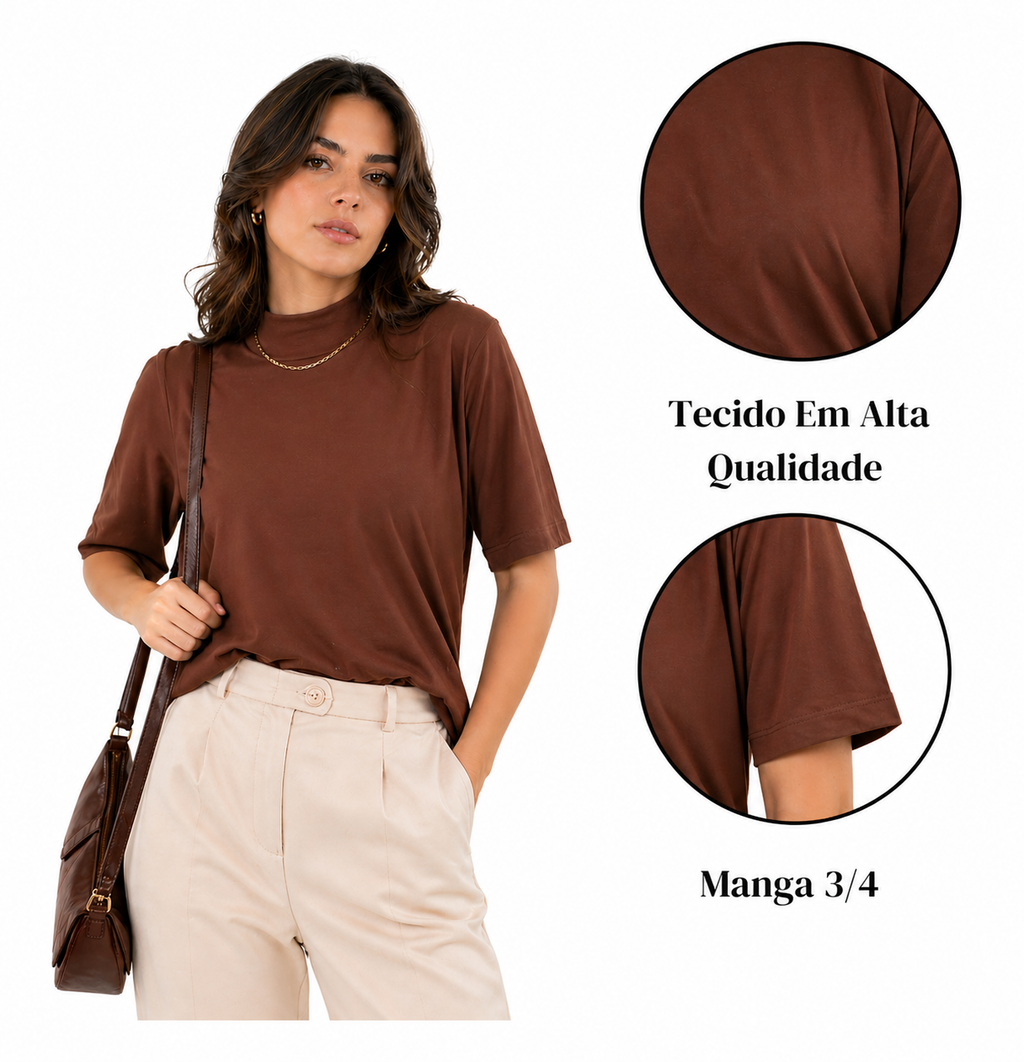 Camiseta Feminina T-shirt Aveloz Gola Alta E Manga 3/4 Marrom Escuro