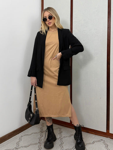 Vestido Midi Camiseta Com Fenda Aveloz Caramelo
