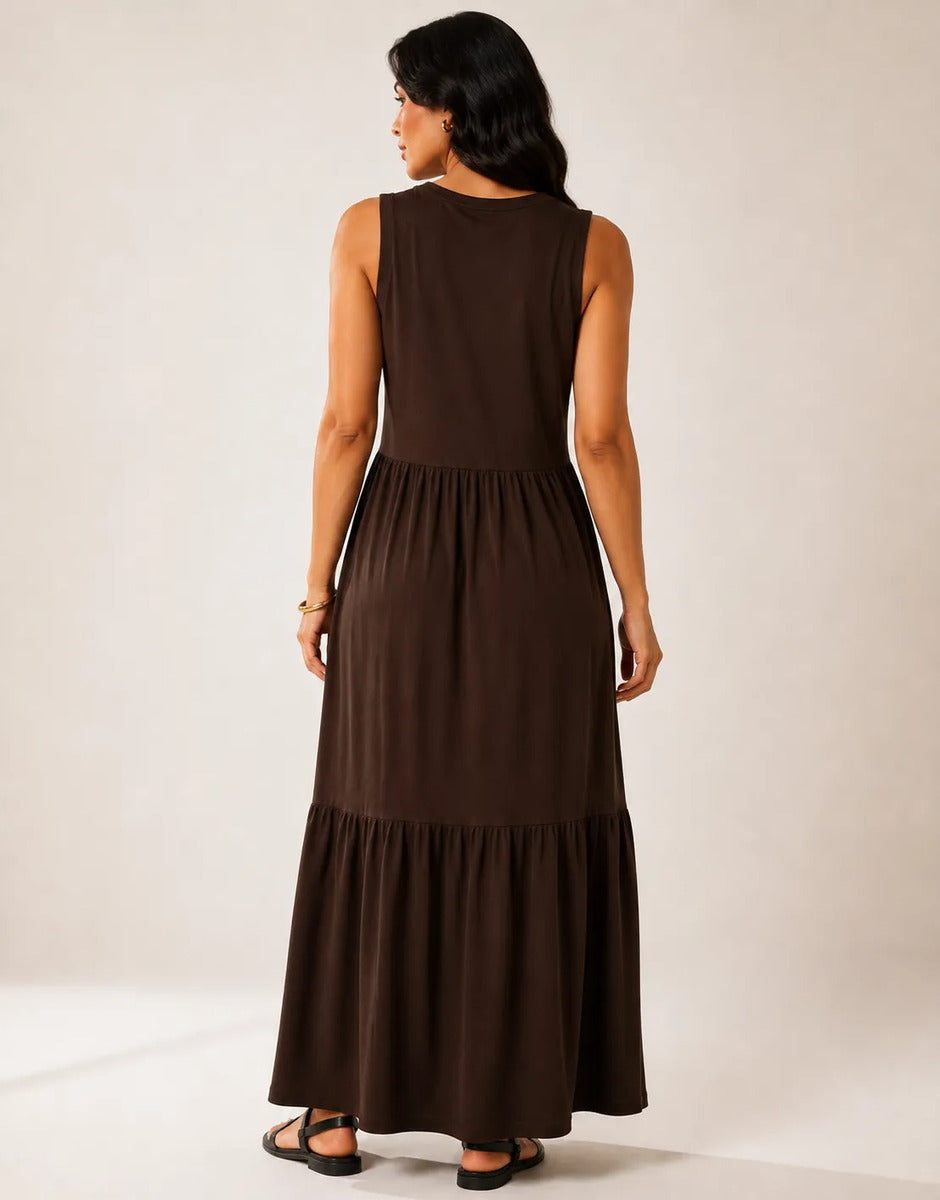 Vestido Longo Feminino Regata Três Marias Algodão Soltinho Marrom-escuro
