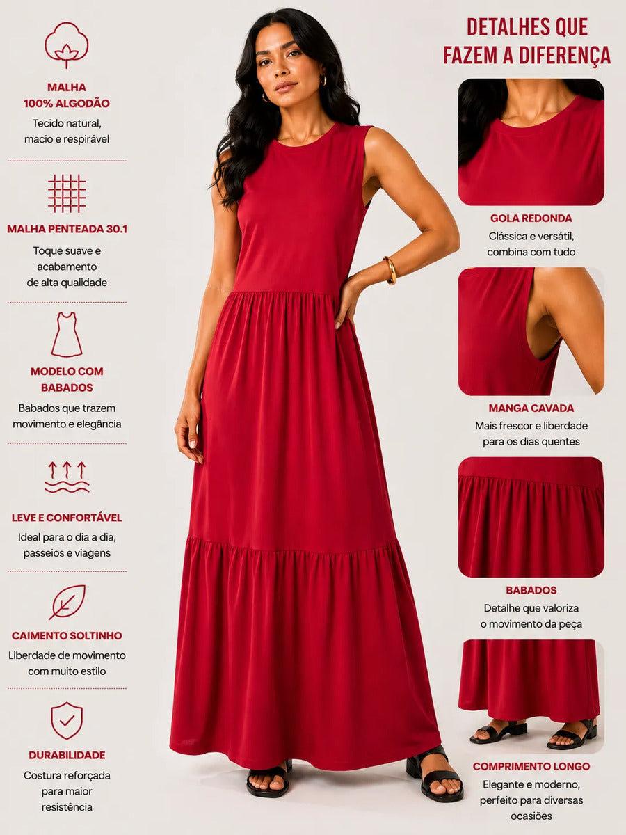 Vestido Longo Feminino Regata Três Marias Algodão Soltinho Vermelho