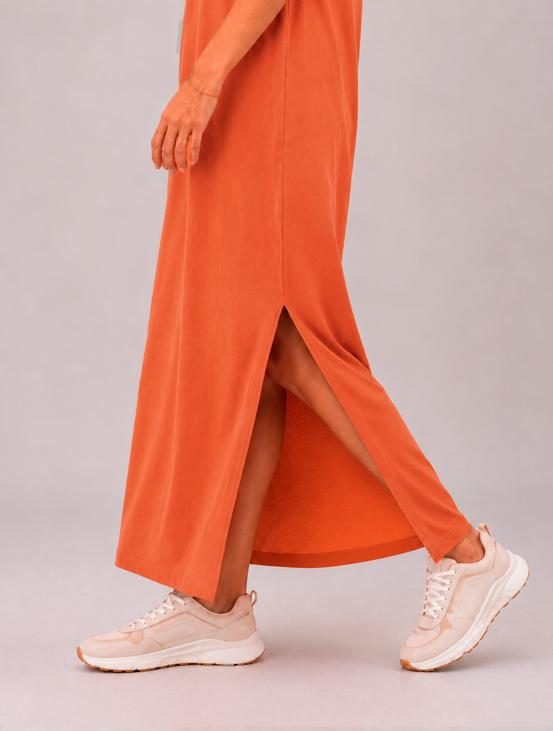 Vestido Longo de Algodão com Bolso Decote V Laranja