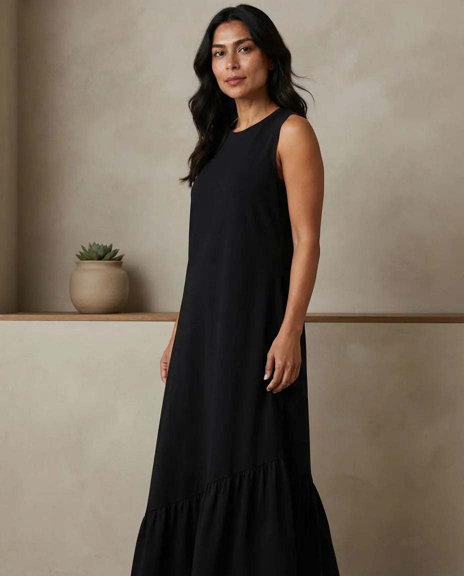 Vestido Longo Feminino Regata Babado Assimétrico Algodão Preto