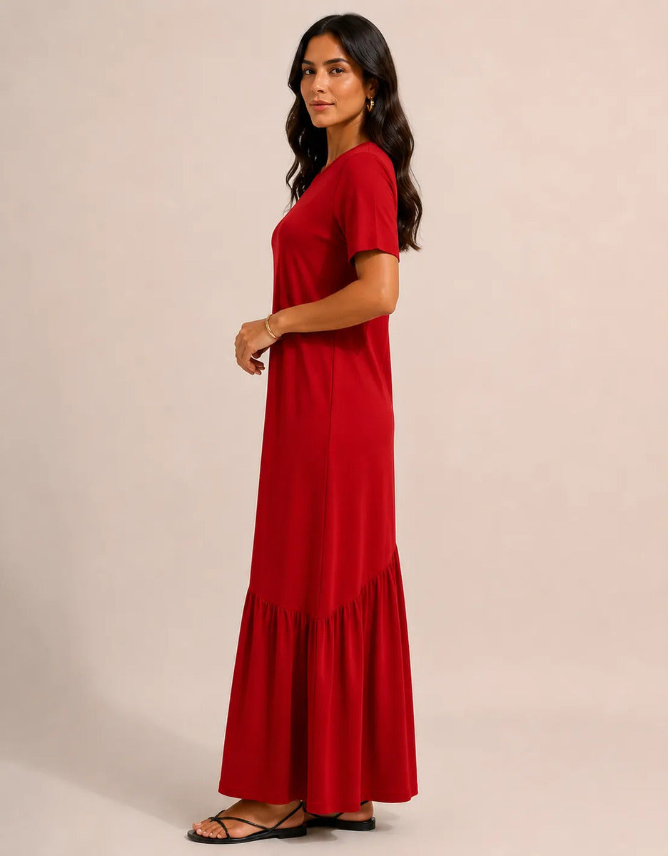 Vestido Longo Feminino Babado Assimétrico Malha Algodão Vermelho