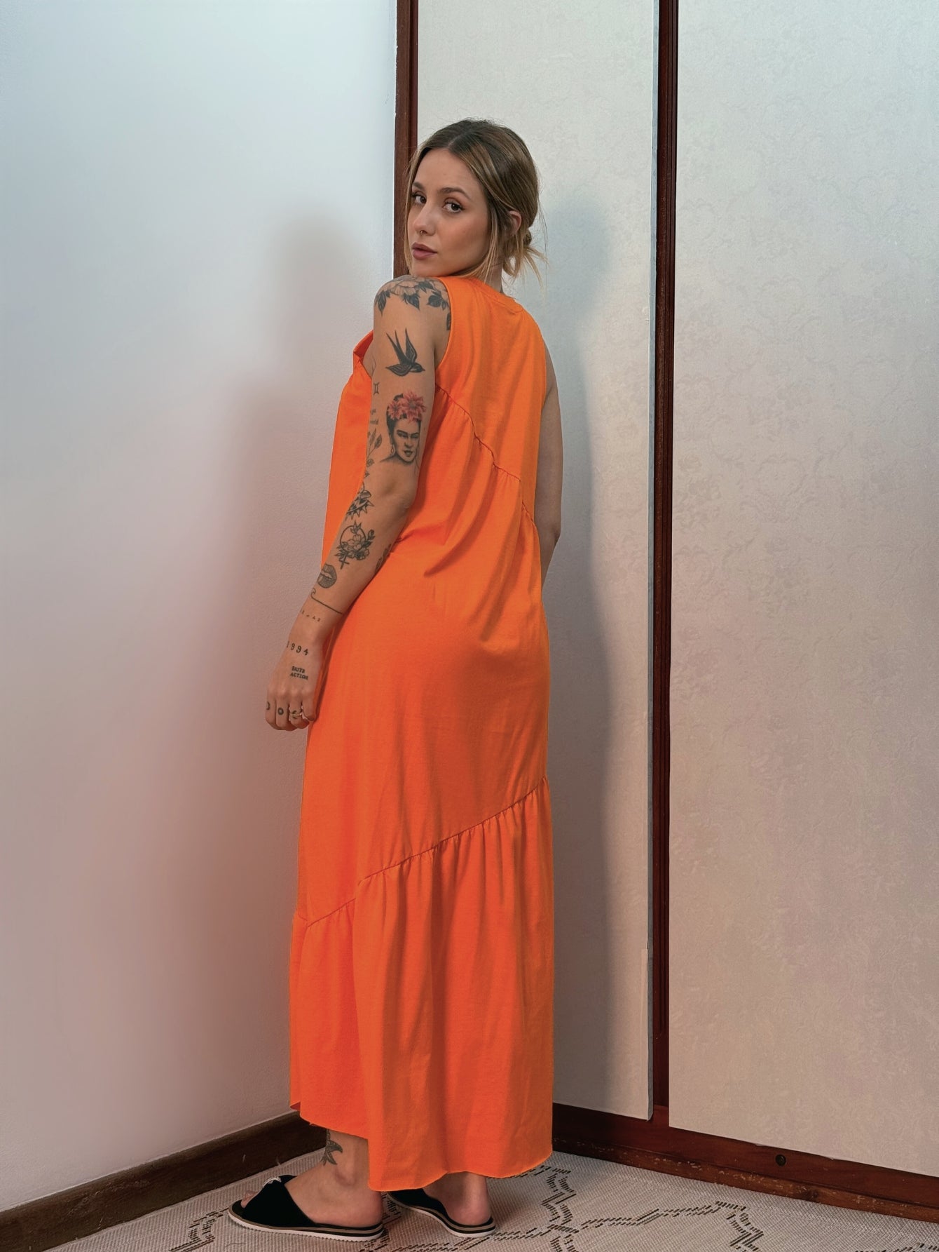 Vestido Longo Feminino Soltinho malha algodão Aveloz Laranja