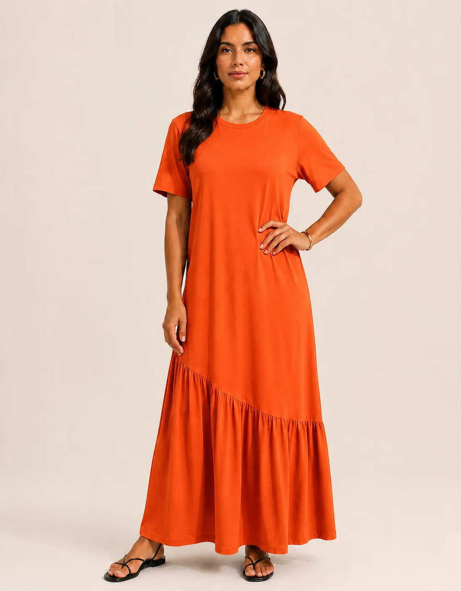 Vestido Longo Feminino Babado Assimétrico Malha Algodão Laranja