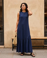 Vestido Longo Feminino Regata Babado Assimétrico Algodão Azul-marinho