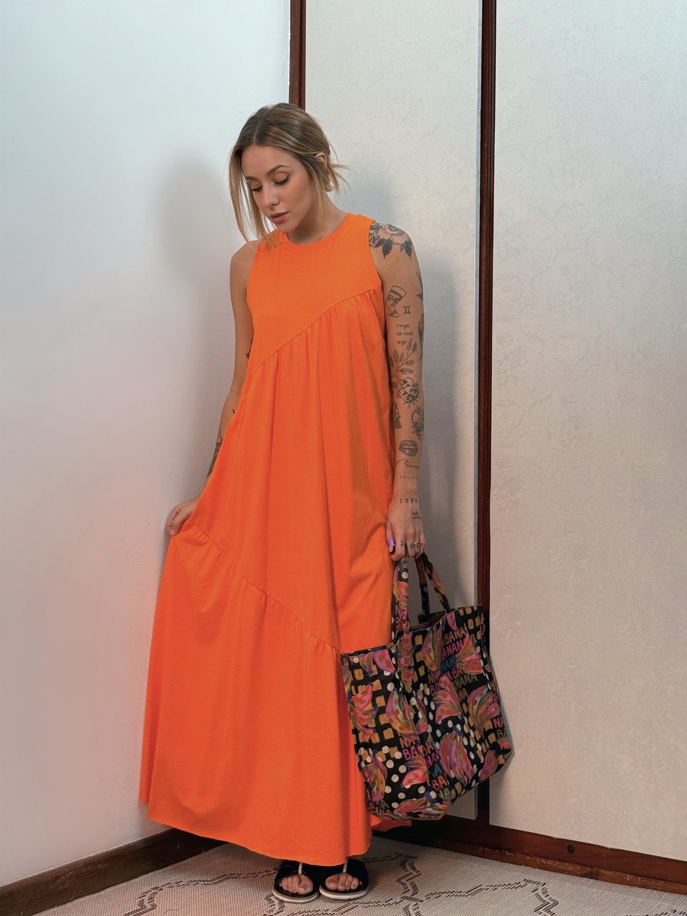 Vestido Longo Feminino Soltinho malha algodão Aveloz Laranja
