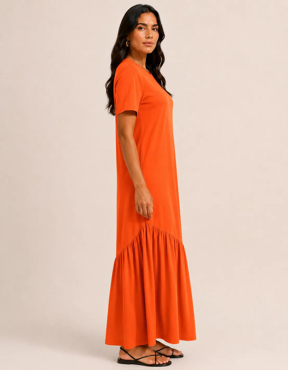Vestido Longo Feminino Babado Assimétrico Malha Algodão Laranja