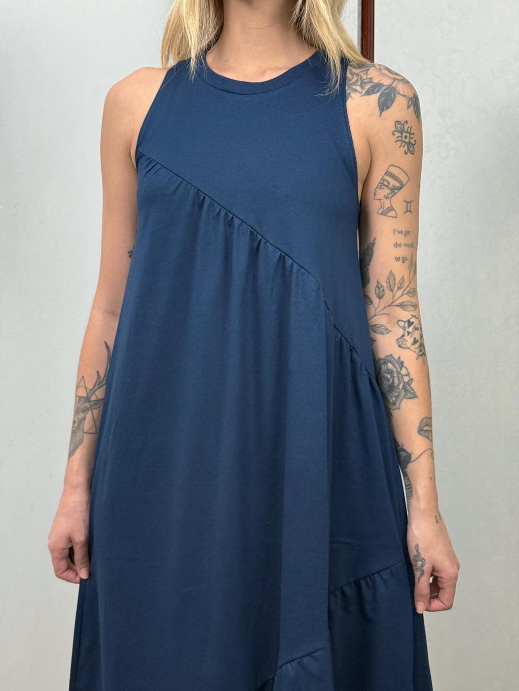 Vestido Longo Feminino Soltinho Malha Algodão Aveloz Azul Marinho