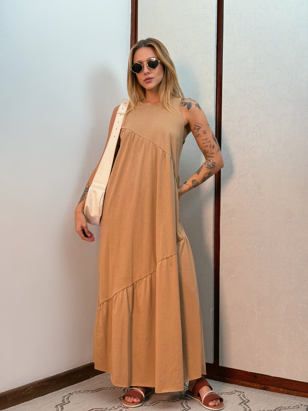 Vestido Longo Feminino Soltinho malha algodão Aveloz Caramelo