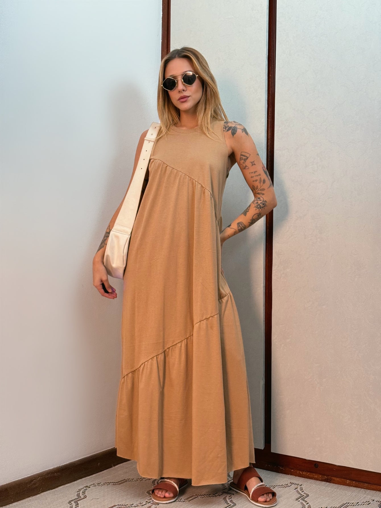 Vestido Longo Feminino Soltinho malha algodão Aveloz Caramelo